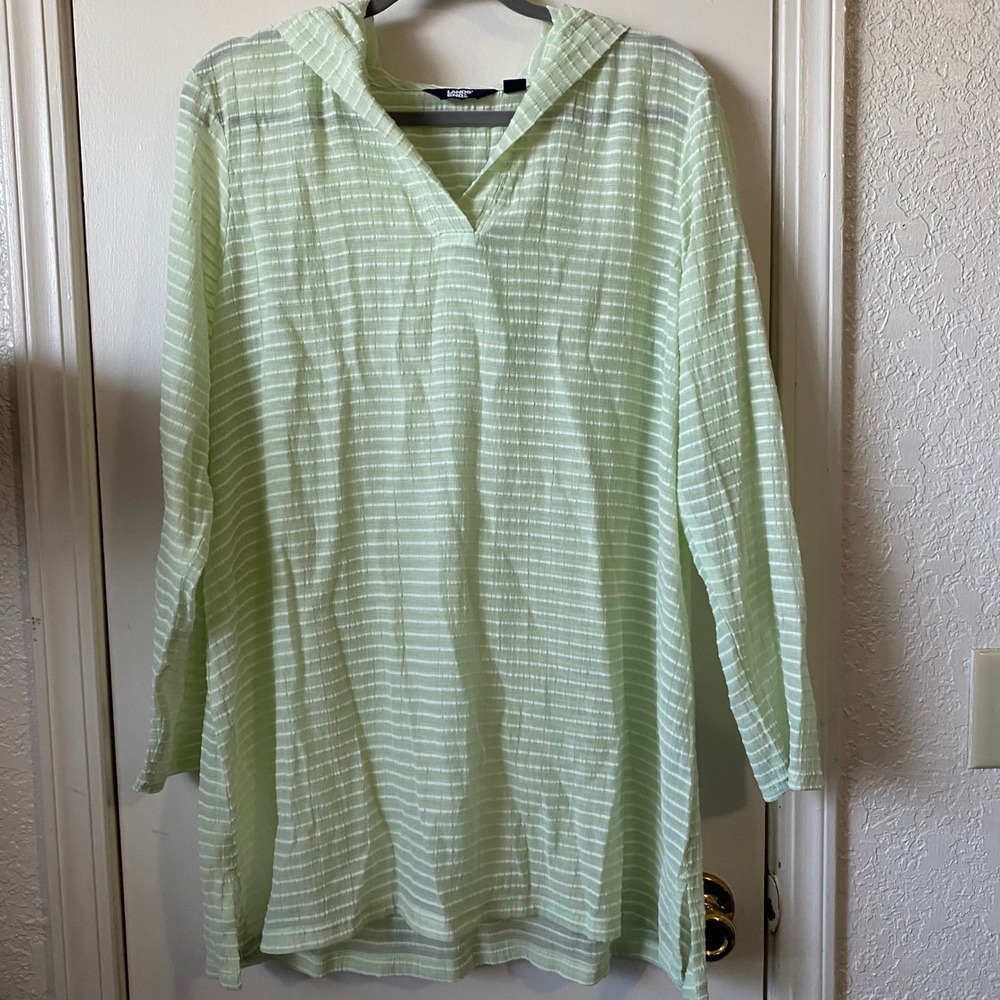 Lands'‎ End Women's Hooded Swim Swimsuit Cover Up Green Striped Size L 14 16